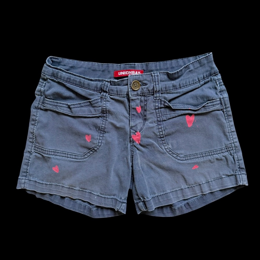 Y2K Unionbay Heart Print Cargo Shorts Blue Size 3 Low Rise Holes